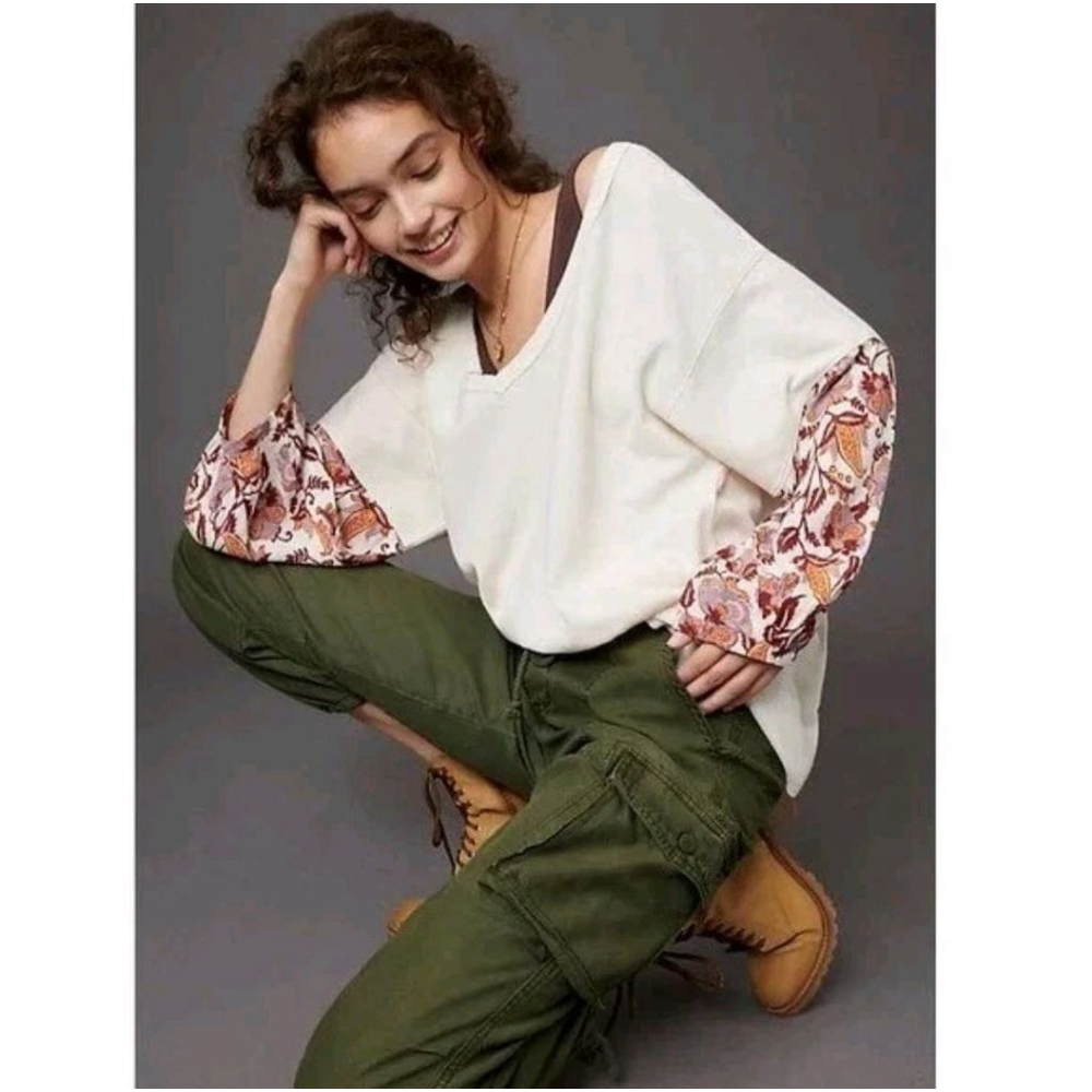 ANTHROPOLOGIE Annette Cream Cotton Blend Floral Sleeve Oversized V-Neck Top XLP